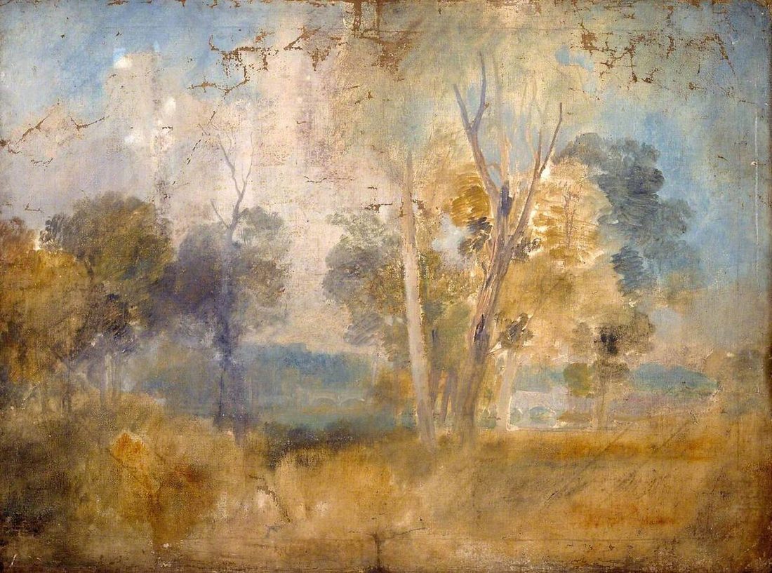 Trees in the foreground open onto a pale stretch of the Thames under a high, light sky.