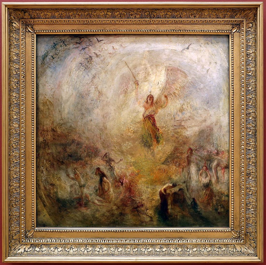 A winged figure stands at the centre of a blaze of white and yellow light, with small struggling figures below.