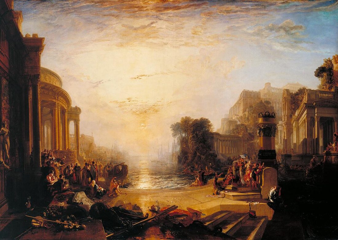 A Carthaginian harbour at sunset, colonnades and crowds arranged along the water under a low gold sun.