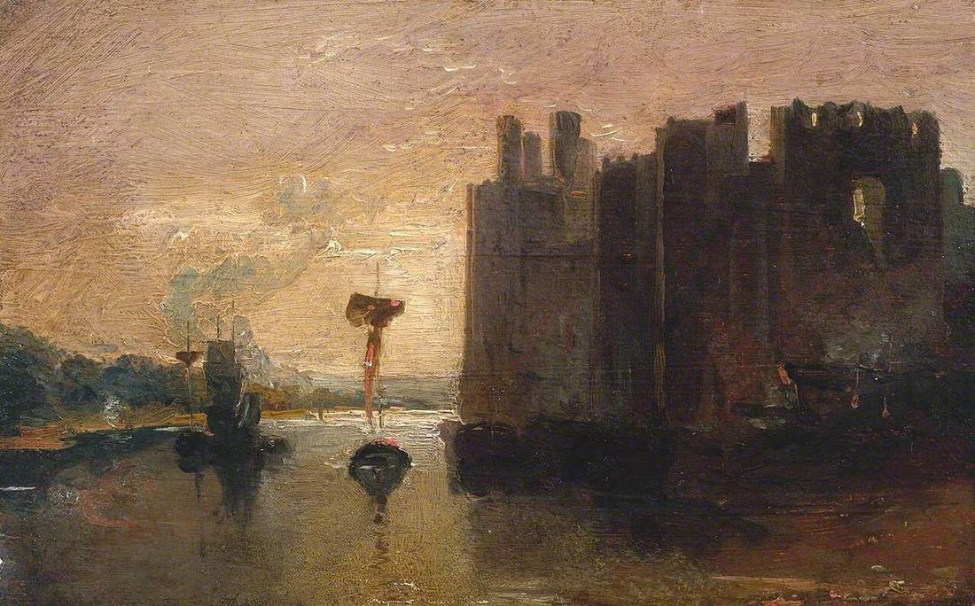 The castle sits low against a hazy golden estuary, with small boats and figures on the near shore.