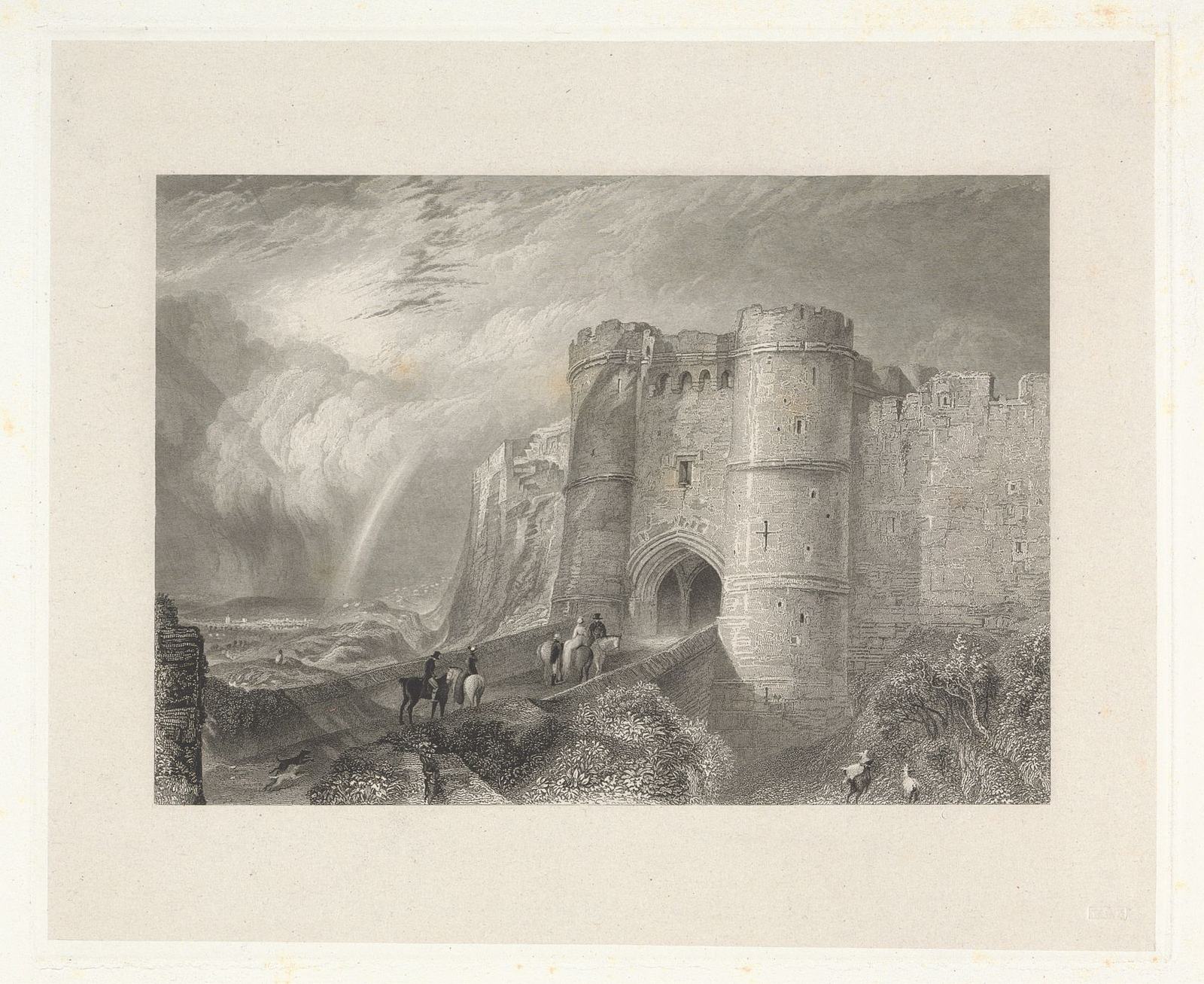 An engraving of the twin-towered castle gatehouse reached by a bridge, with riders crossing and a rainbow in a stormy sky.