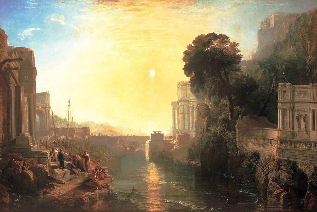 A classical harbour under construction, buildings and figures ranged along both banks beneath a rising sun.