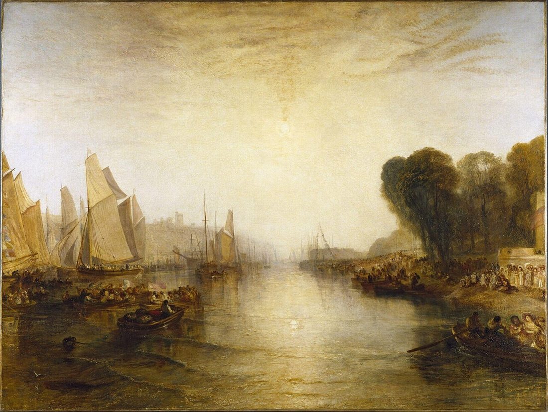 A castellated house above a wooded slope, with sailing boats racing on the water below.