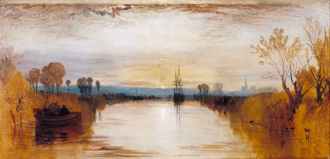 A still canal at dusk, a single moored mast against a pink and yellow sky.