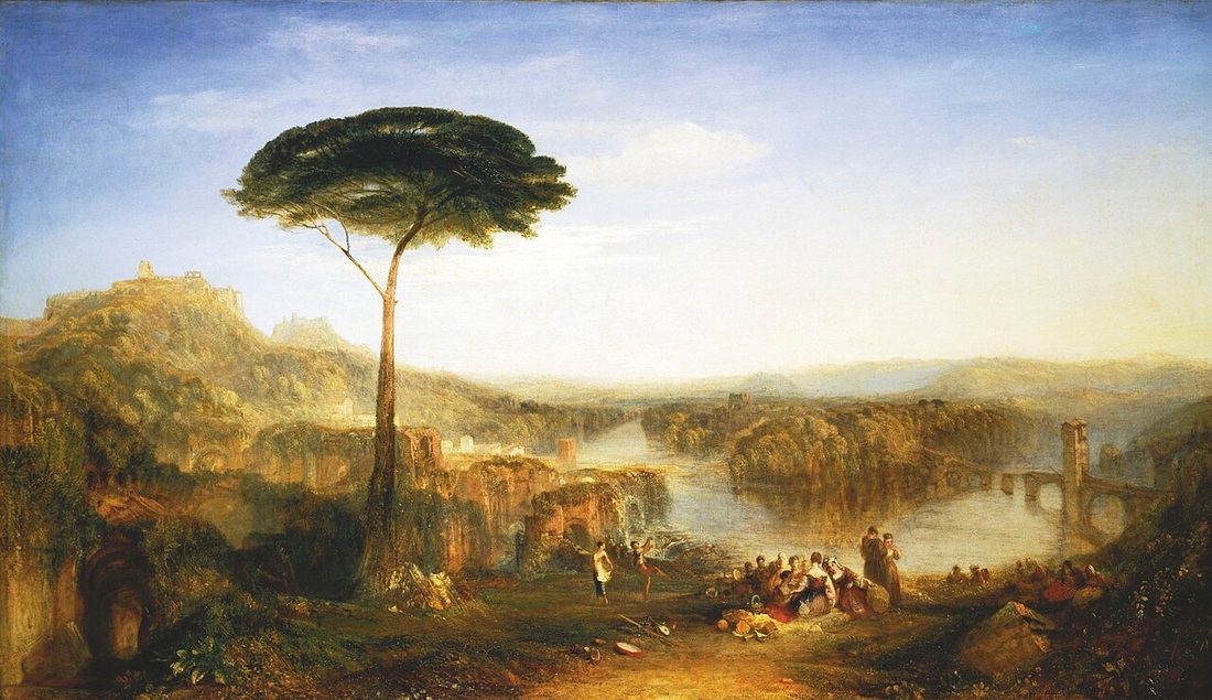 A broad Italian valley seen from a wooded terrace, with figures in the foreground and blue distance beyond.