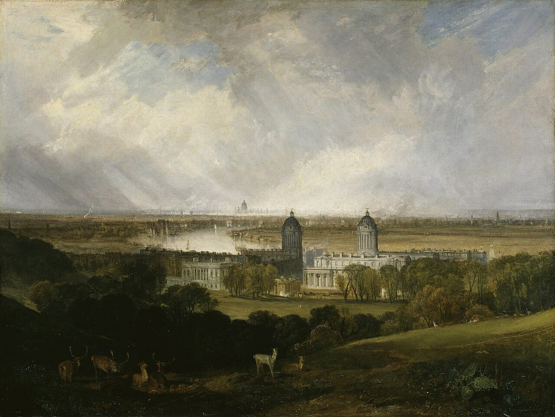 A wide view down over the trees and deer of Greenwich Park to the Thames, with the domes of the hospital and the city under a pale sky beyond.