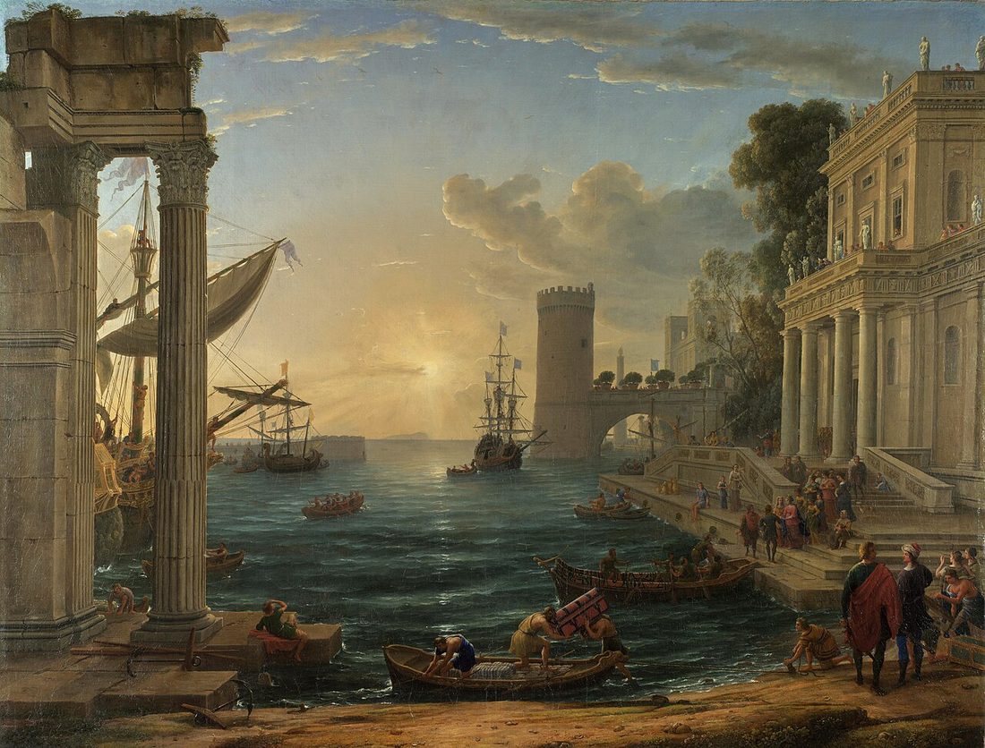 A classical seaport at sunrise, palaces on either side of the water and small figures embarking at the quay.