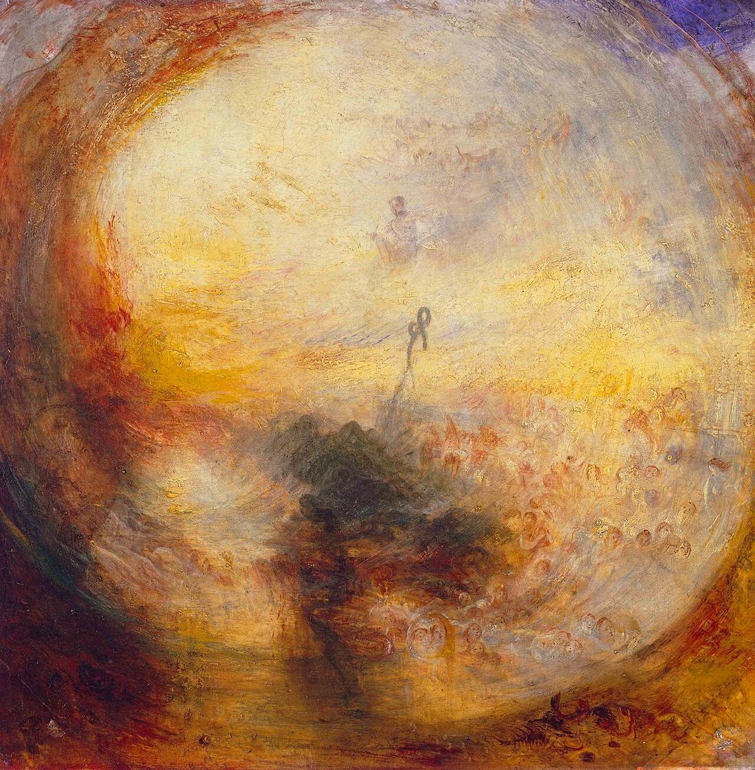 Concentric bands of yellow, red and blue radiate from a bright centre, with small figures caught in the swirl.