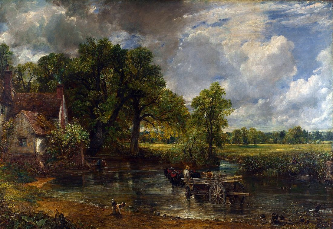 A farm cart standing in shallow water beside a mill, with elms and a wide English sky behind.
