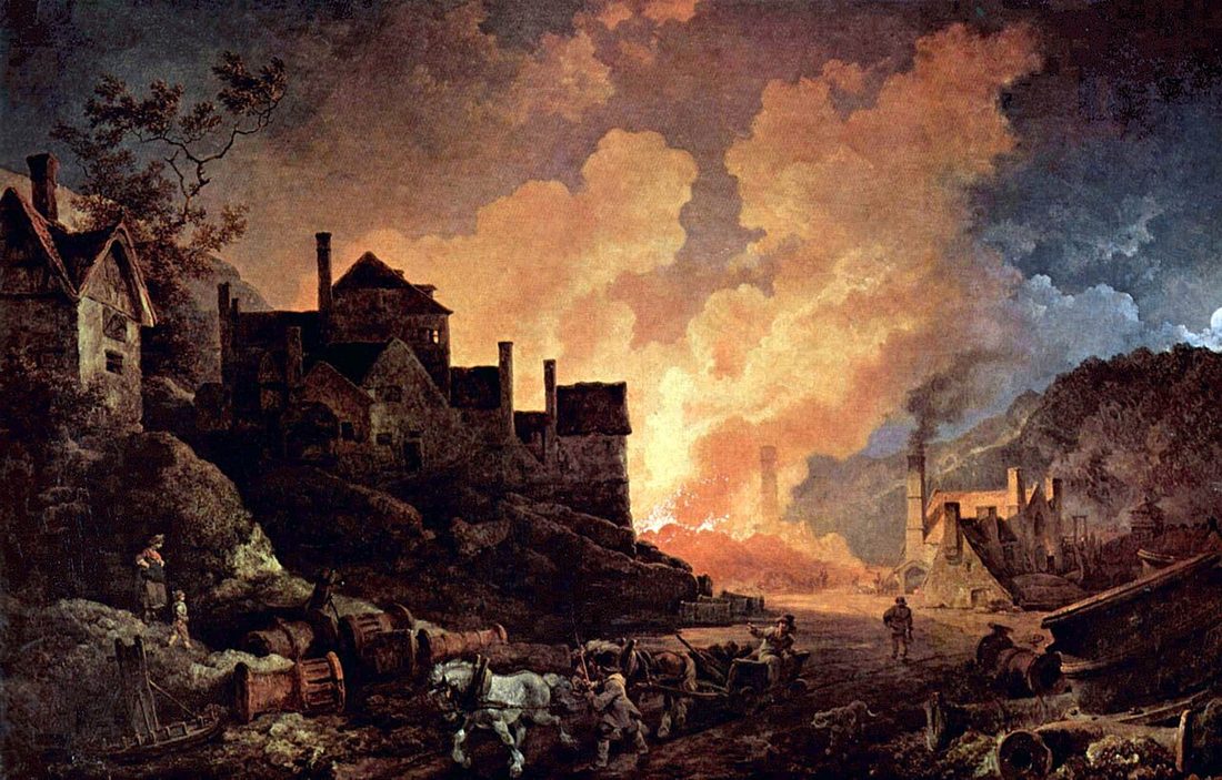 Industrial furnaces glow orange in a night landscape, with carts and figures on the road in front.