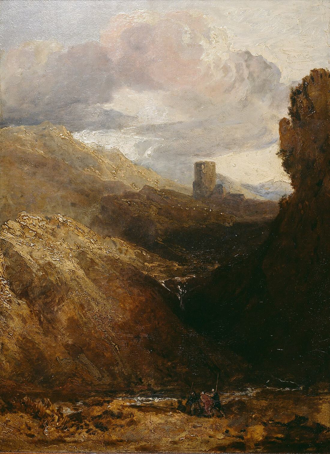 A lone round tower on a crag, dwarfed by dark mountain slopes, with small figures at the foot of the rock.