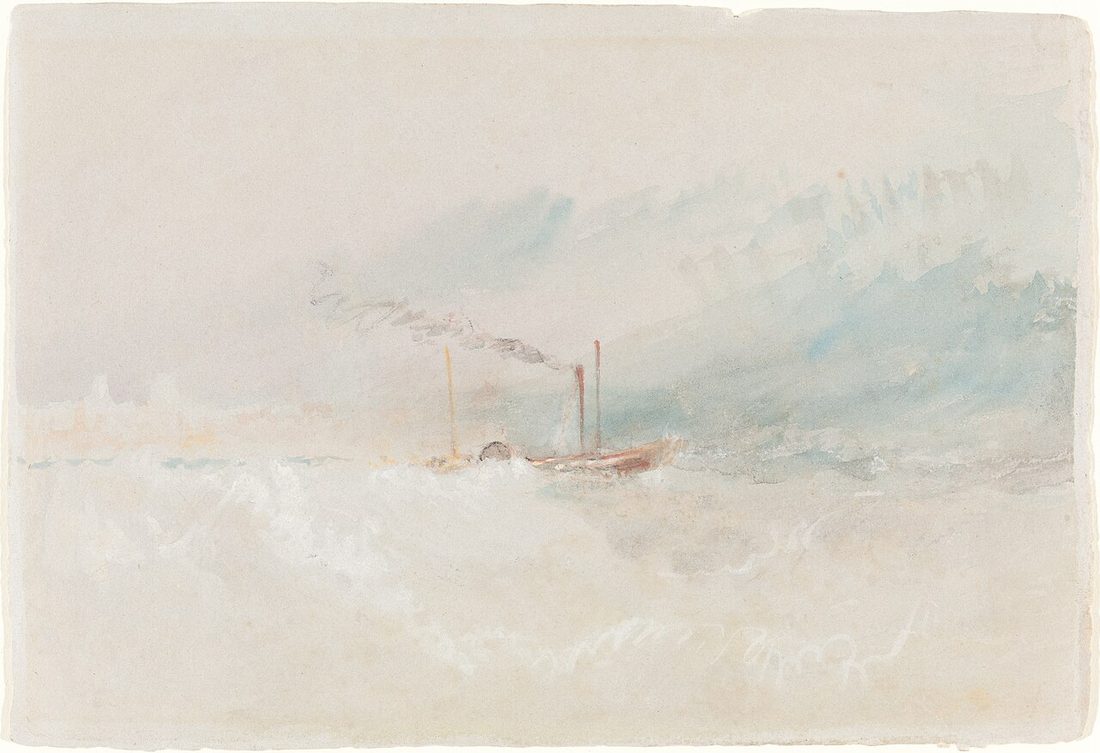 A paddle steamer trailing smoke crosses a pale, choppy sea, with the coast faint in the mist behind.