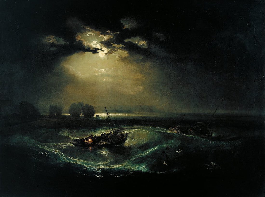 Fishing boats pitch on a dark night sea under a hazy moon, a second boat barely visible beyond.