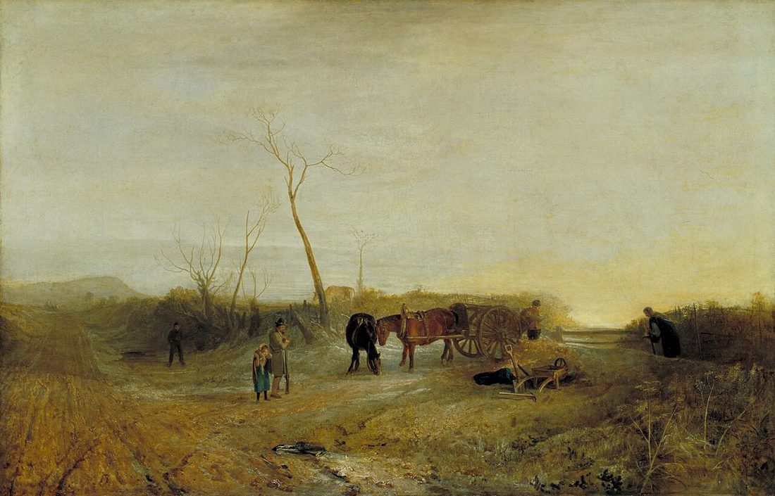 A frozen field at first light, a cart and horse waiting on the road while labourers stand at a hedge.