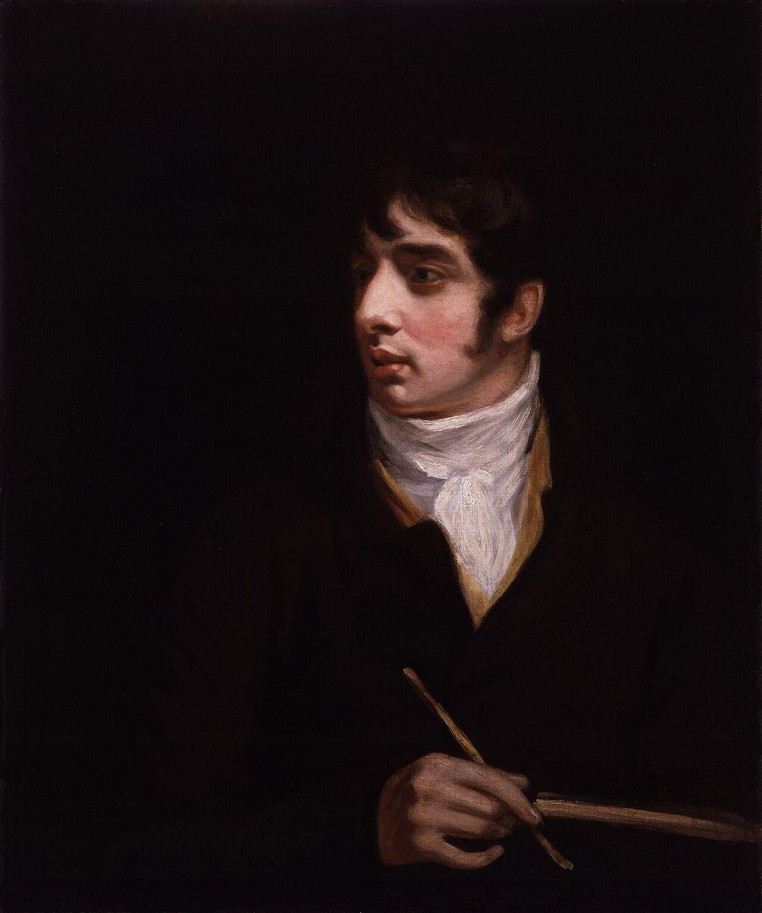 Painted portrait of a young man in a dark coat and high white collar, turned slightly to the viewer.