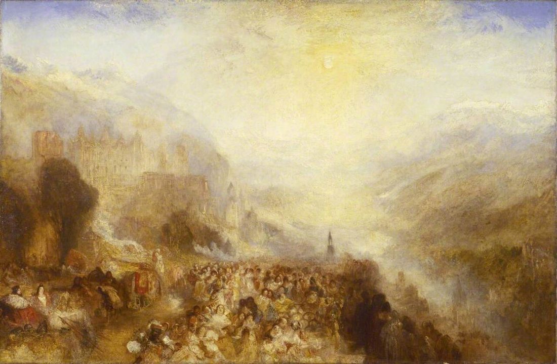 A castle on a wooded height above a hazy, sunlit valley, with a dense crowd of figures in the dark foreground.