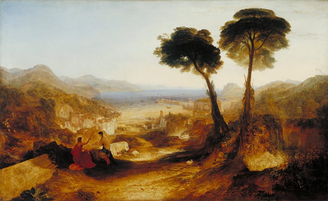 A classical bay in golden haze, ruins and trees framing the water, with two figures on the slope in front.