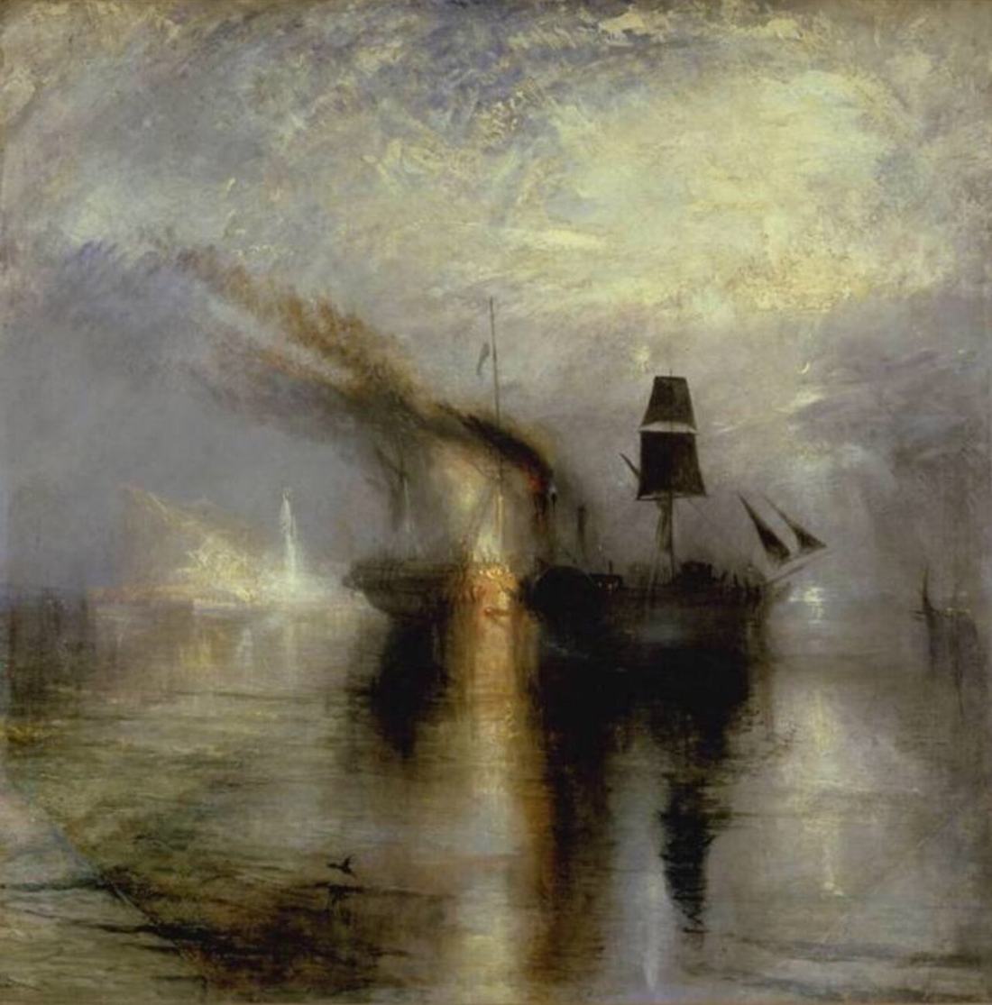 A steamer lies still on a dark sea at night, one sail lit white above the water.