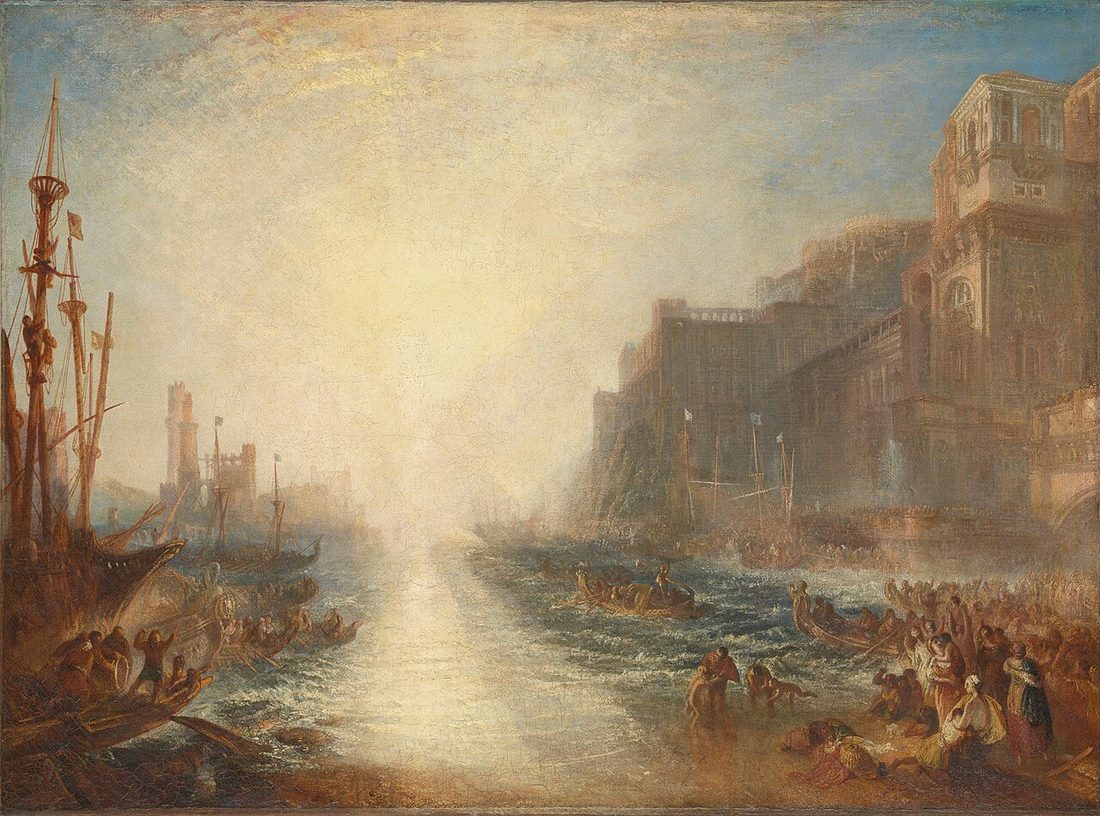 A blazing white sun at the centre of a classical harbour, the buildings dissolving in the glare.