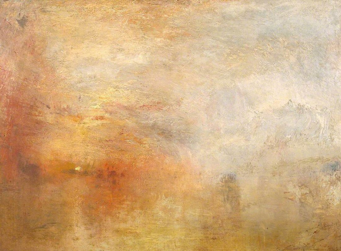 Loose washes of orange, gold and grey dissolve a sunset over water into almost pure colour, with no clear forms.