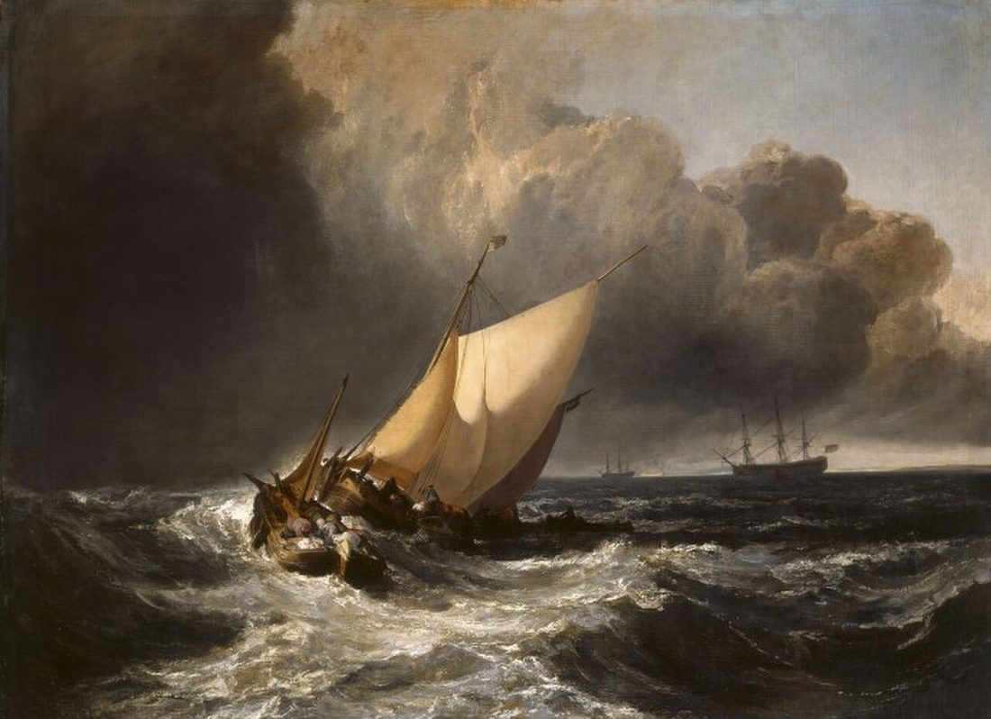 Two fishing boats heel over in a heavy swell, sails braced, with grey cloud and broken water behind.