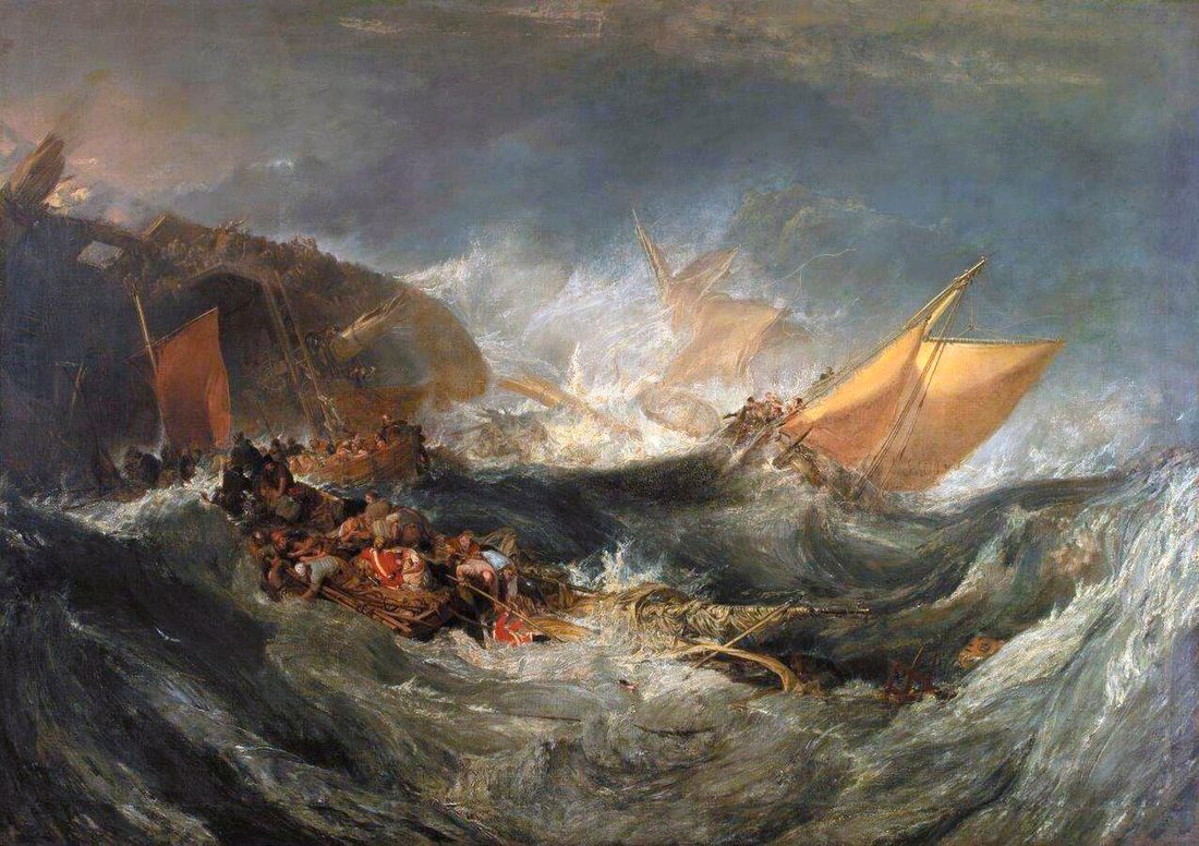 A dismasted ship breaking up in a high sea, crowded boats pitching alongside.