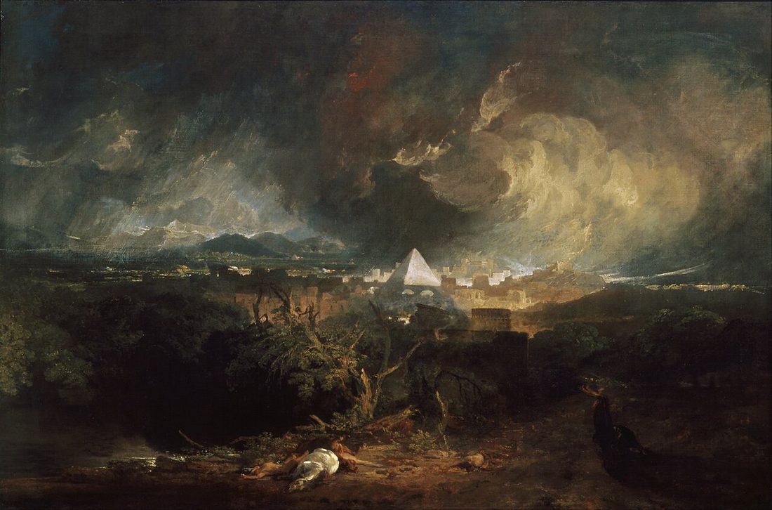 A storm bursts over an Egyptian plain, a dark pyramid and temple front under hail and lightning.