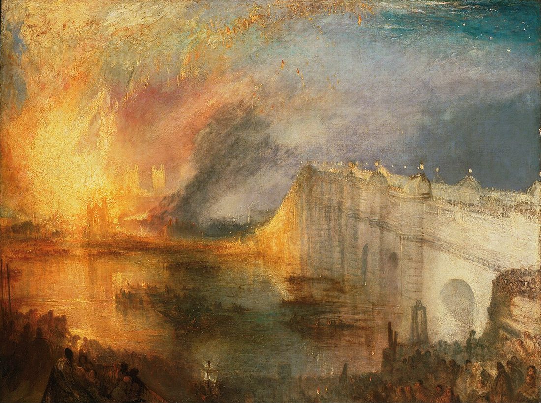 The parliament buildings burn against the night, the fire doubled in the Thames and crowds along the bridge.