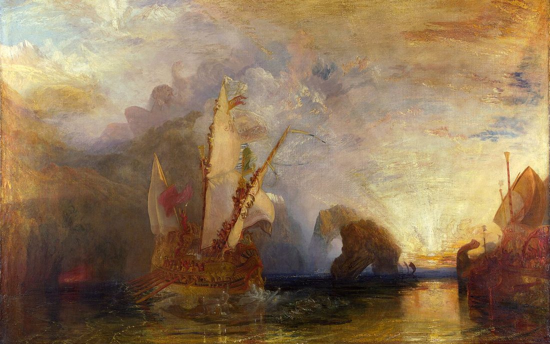 A galley leaves a rocky bay at sunrise, its crew tiny beneath a giant figure on the cliff above.
