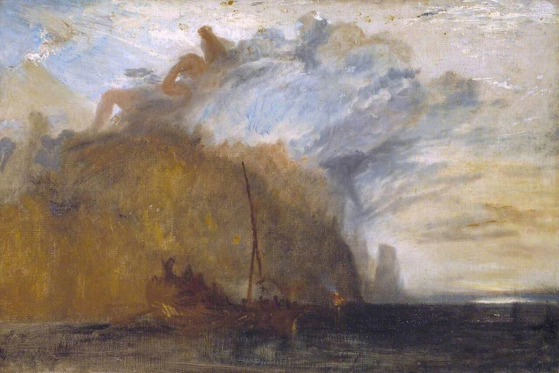 A loose oil sketch of a bay at sunrise, the ship and the cliff blocked in with broad strokes.
