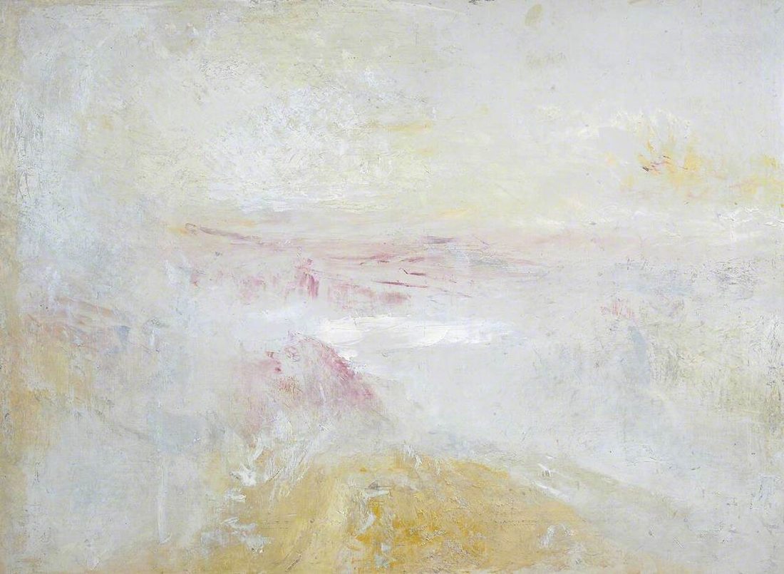 A mountain outline in flat blue and rose watercolour washes above a still lake at sunset.