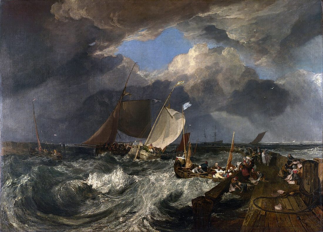 Fishing boats crowd a pier in a rough sea, figures leaning into the wind as a packet comes in.