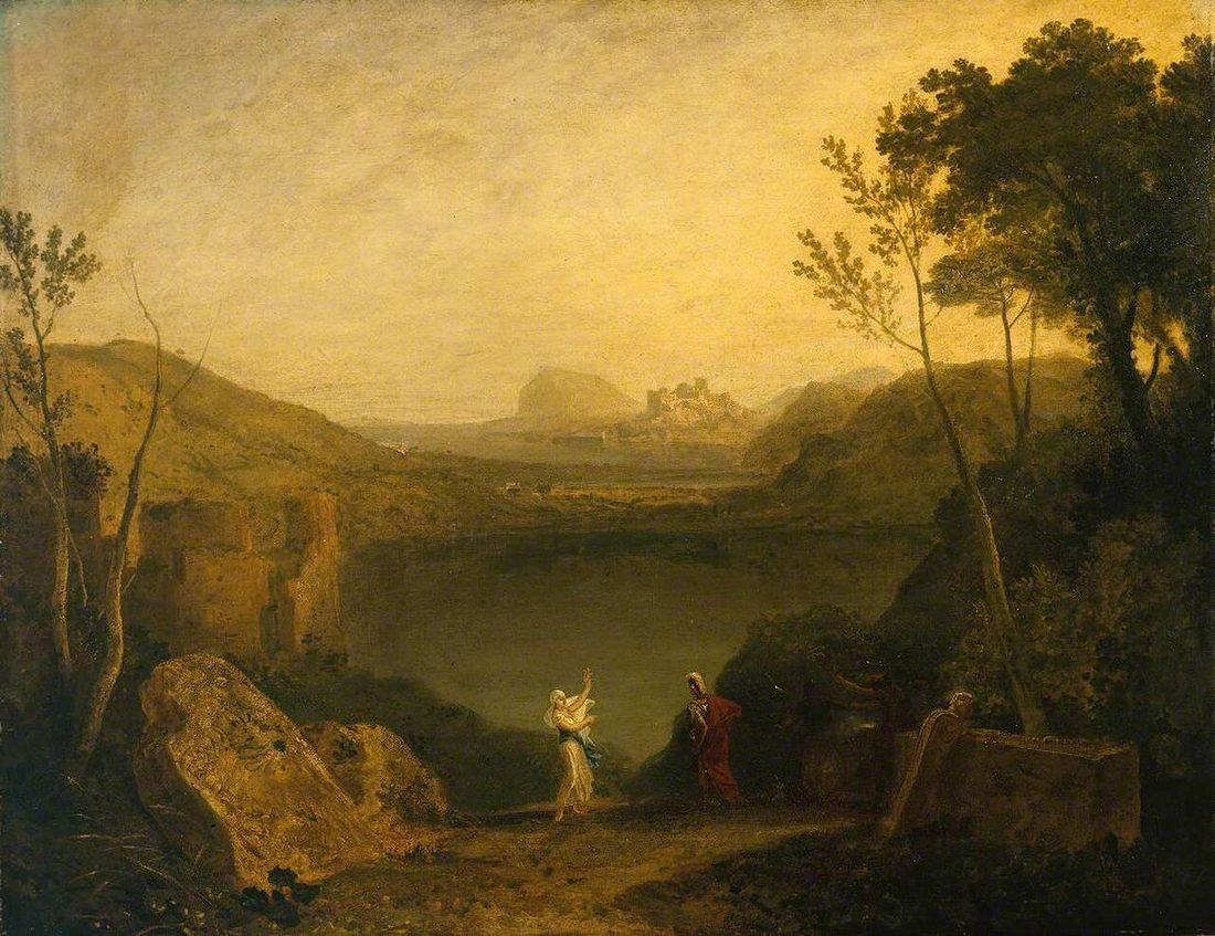 A classical lake in warm haze, two figures in the foreground and wooded hills closing the distance.
