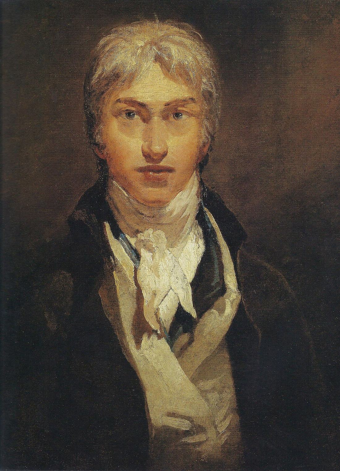 Painted self-portrait of a young man in a dark coat and white stock, facing the viewer directly.