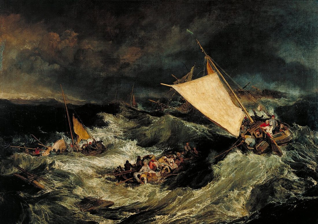 A boat is lifted on a breaking wave beside a foundering ship, figures crowded in the stern.