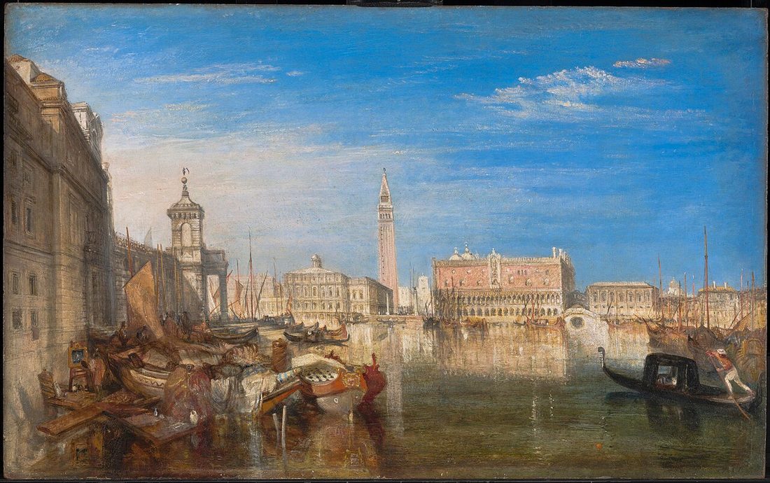 The Ducal Palace and the Custom House along the water, the bridge of sighs in shadow behind.