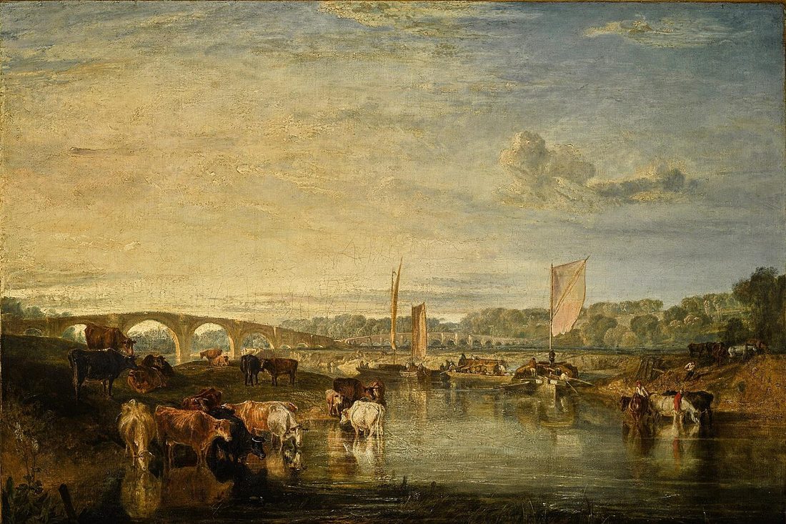 A low bridge over the Thames in flat afternoon light, cattle standing in the shallows.