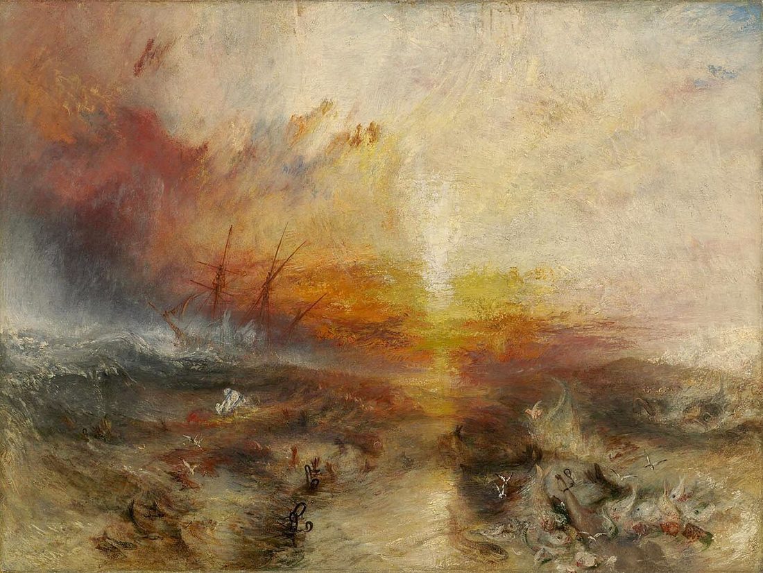 A ship stands off in a red and gold sunset while limbs and fish break the surface of the foreground water.