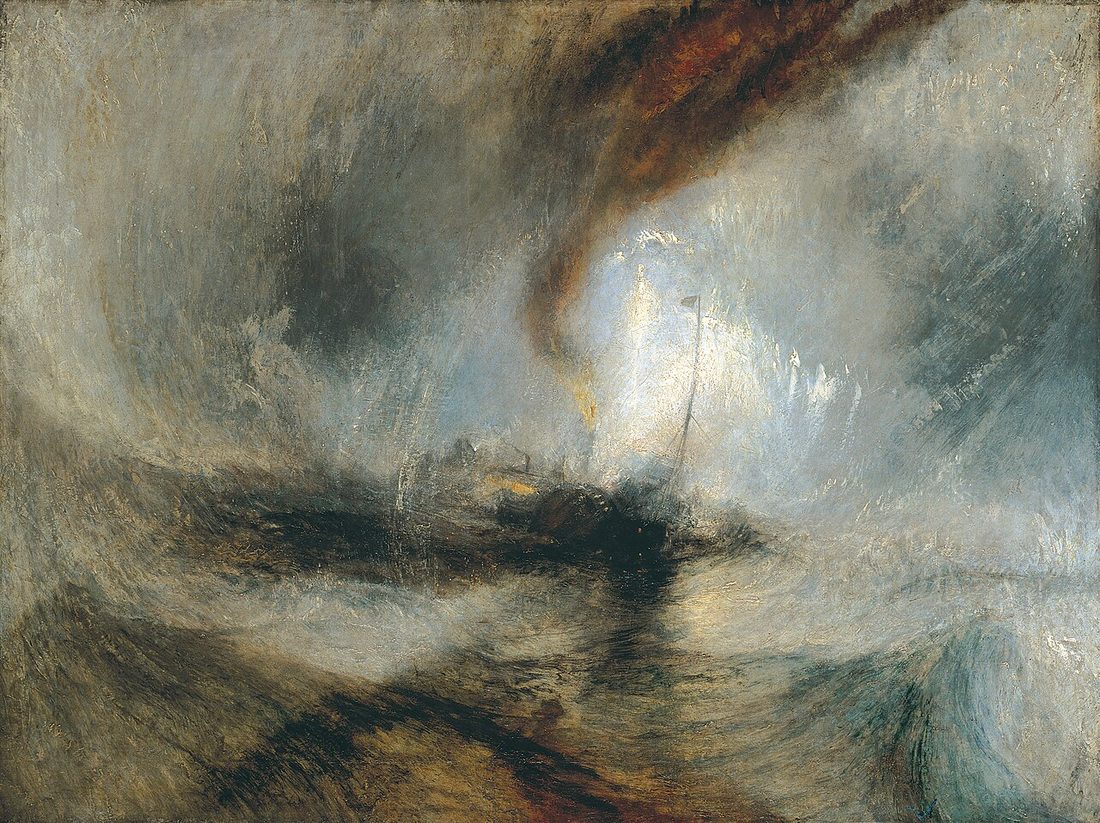 A paddle steamer is engulfed by a vortex of snow and spray, its mast just visible at the centre.