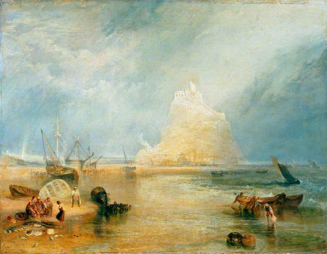 A castle-topped island rises from a shining bay at low tide, with fishing boats, fisherfolk and a boat hauled ashore in front.