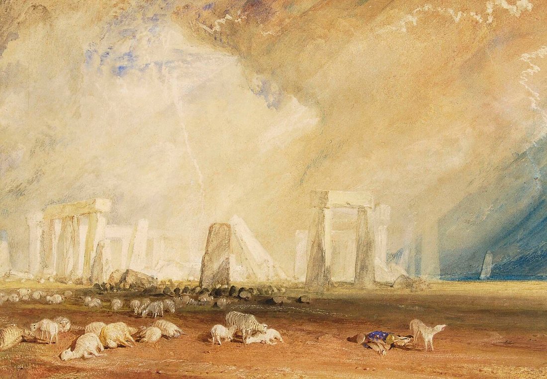 Pale standing stones under a storm-lit sky, with sheep lying dead on the ground and a fallen shepherd beside his dog.