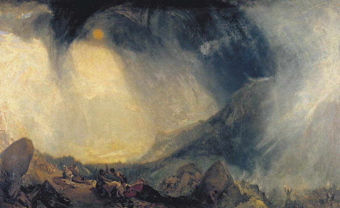 A black storm arch swallows an army crossing a mountain pass, the sun a pale disc behind it.