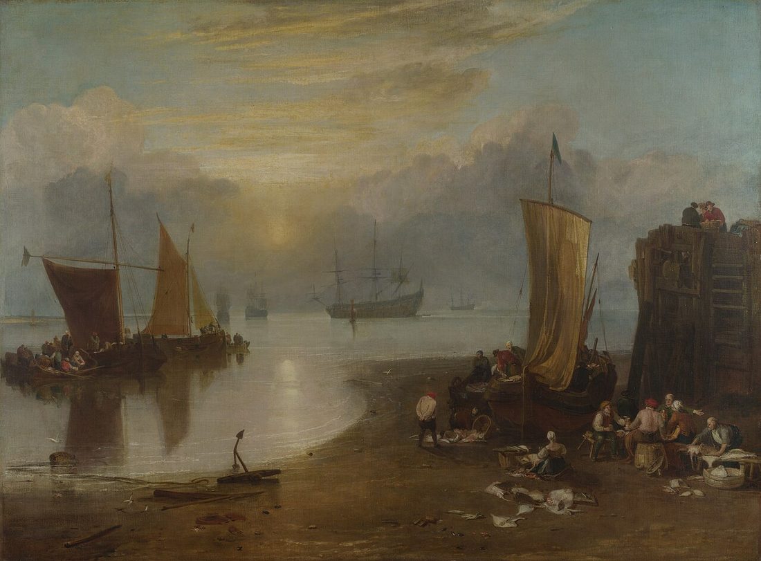 Fishing boats and figures on a calm shore at dawn, the sun low in a soft yellow sky.