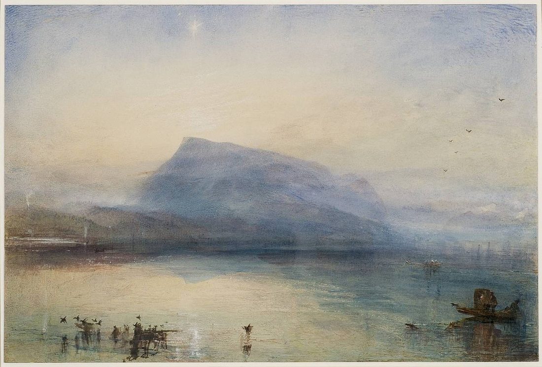 A blue mountain mass rises from a still lake in thin watercolour washes, with a low sun behind it.
