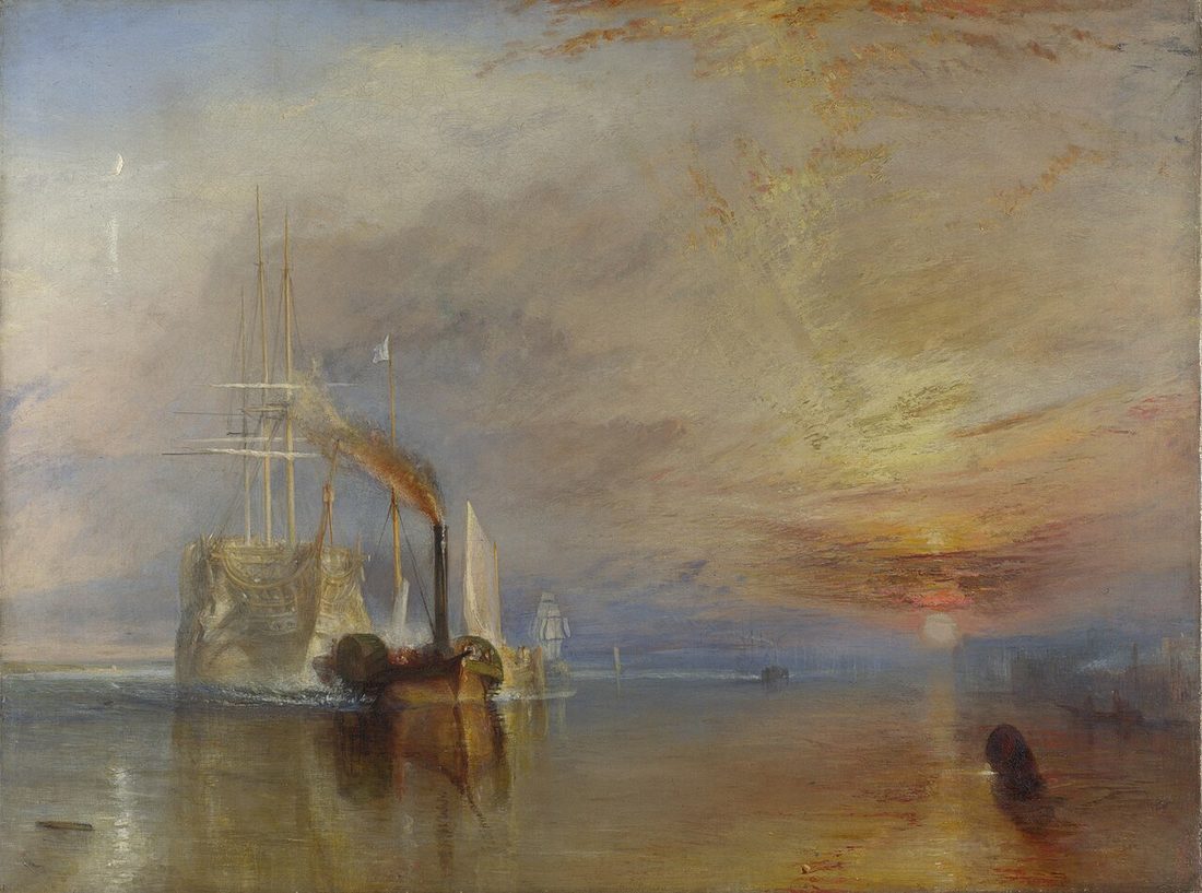 A pale warship is towed by a small dark steam tug across still water, the sun setting to the right.