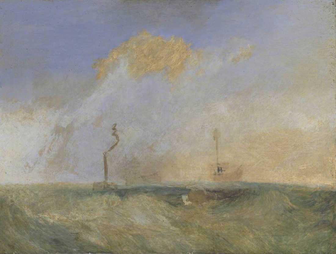 An oil study of a steamer and a lightship, the forms blocked in against a grey sea.