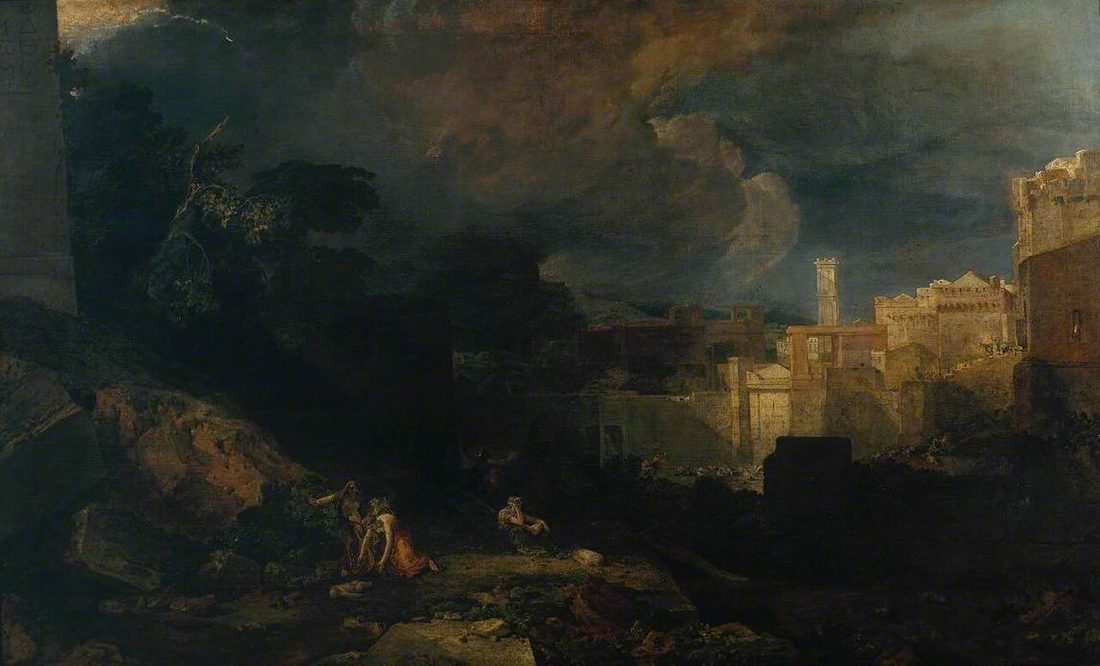 A dark Egyptian city under storm light, mourners carrying a body in the foreground.