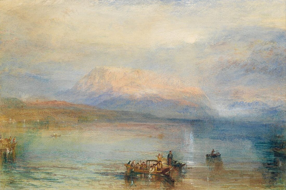 A mountain glows pink in low evening light above a still, pale lake, with a small boat and figures in the foreground.
