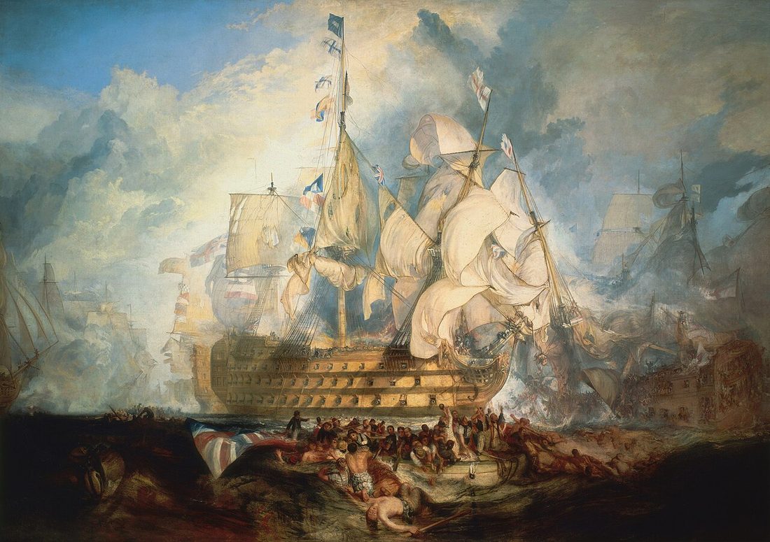 Rigging and sails fill the foreground as ships engage in smoke, with figures crowding the deck below.