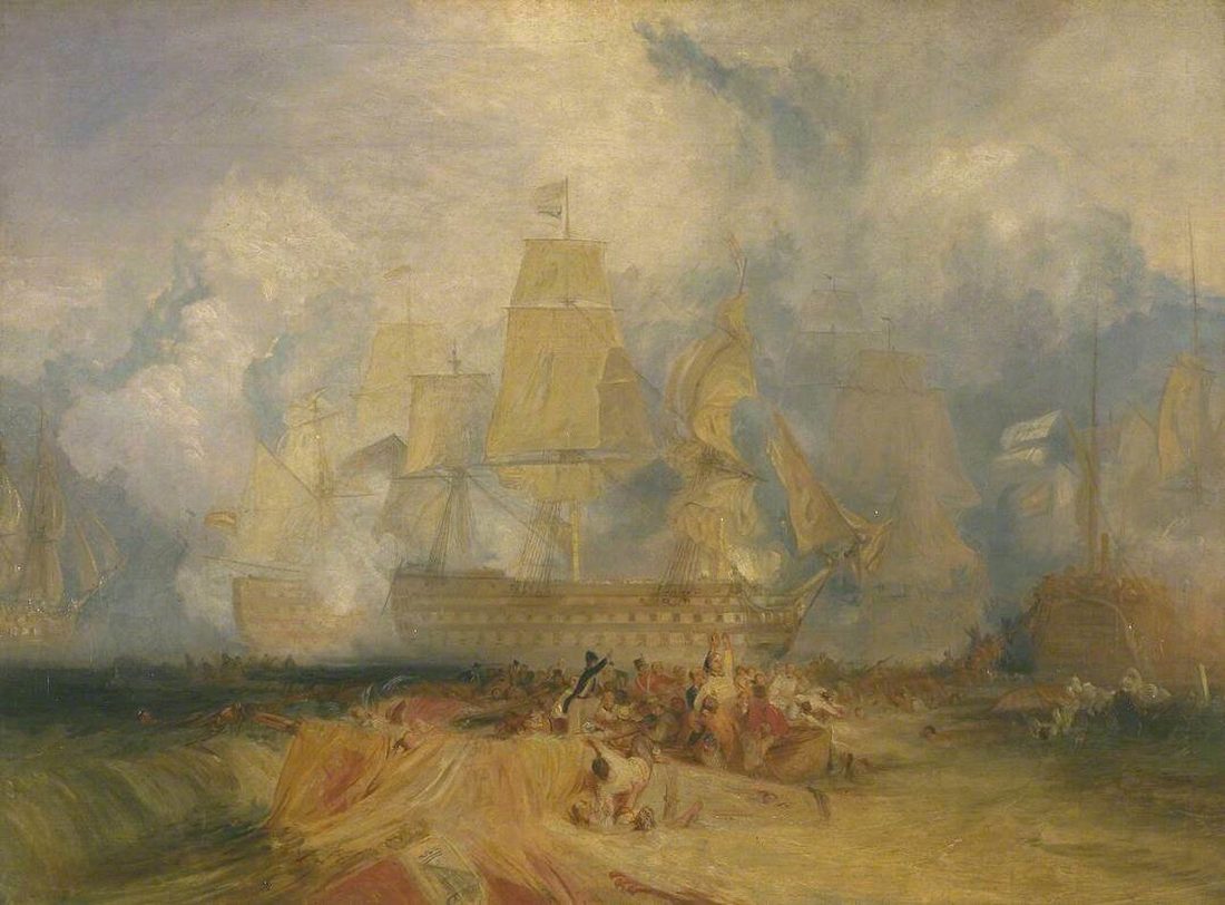 A loose sketch of ships in action, masts and smoke blocked in over a grey sea.